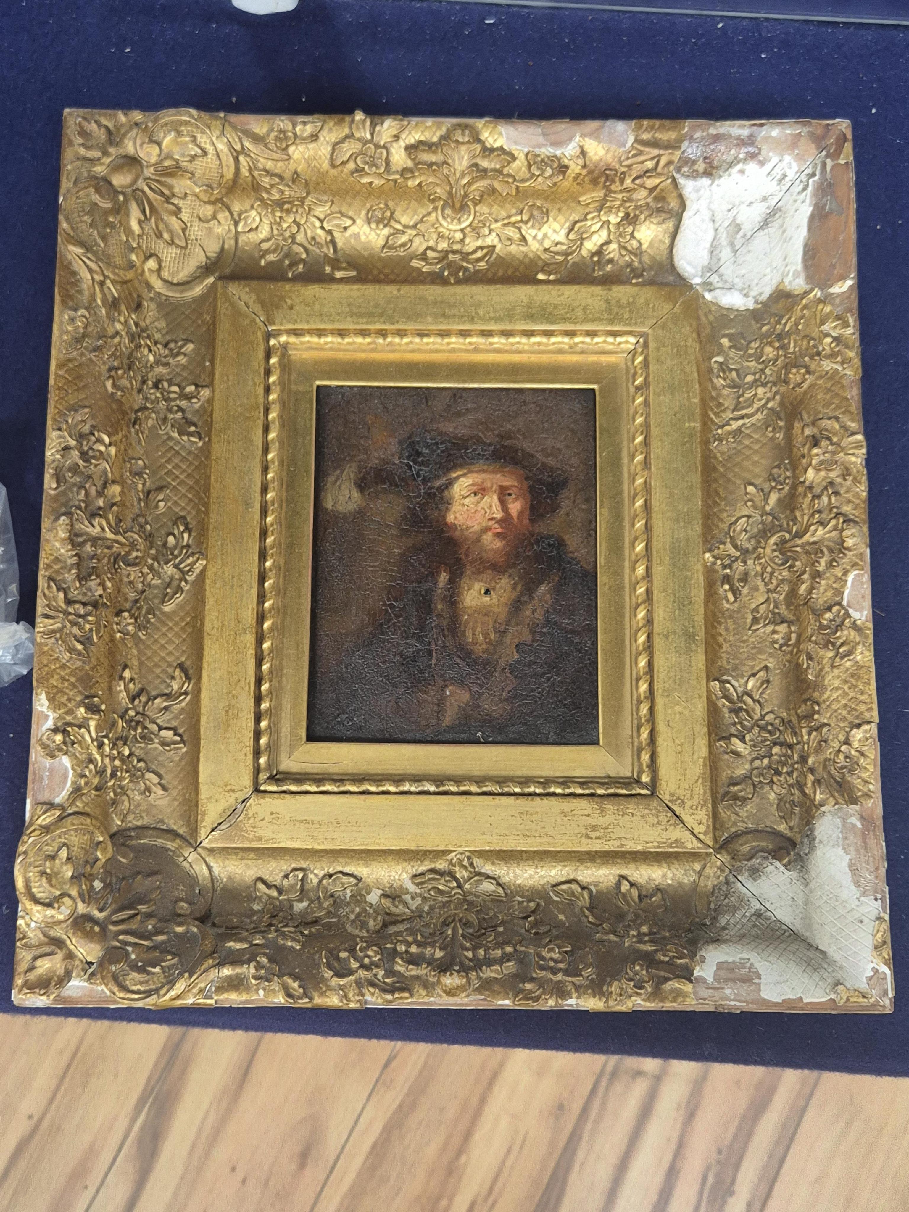18th century, Dutch School, Portrait of a gentleman in 16th century dress, oil on wood panel, 13 x 9.5cm, ornate gilt frame (a.f.)